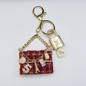 Authentic Louis Vuitton Lock & Key with Unbranded Tweed Bag Charm, Keychain